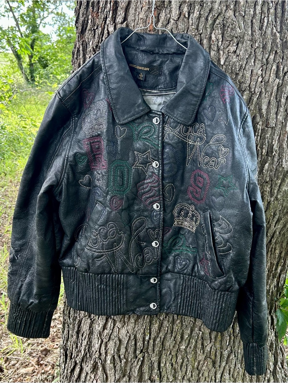 Rocawear Black Embroidered Leather Bomber Jacket
